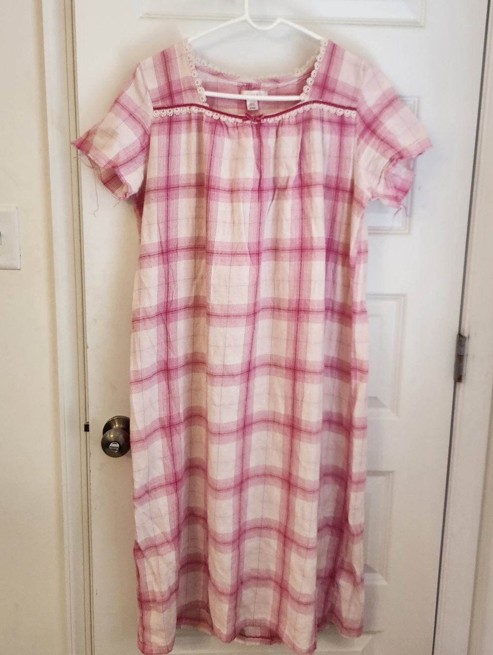 Vtg PINK Plaid White Nightgown Short Sleeve Size M #P1298